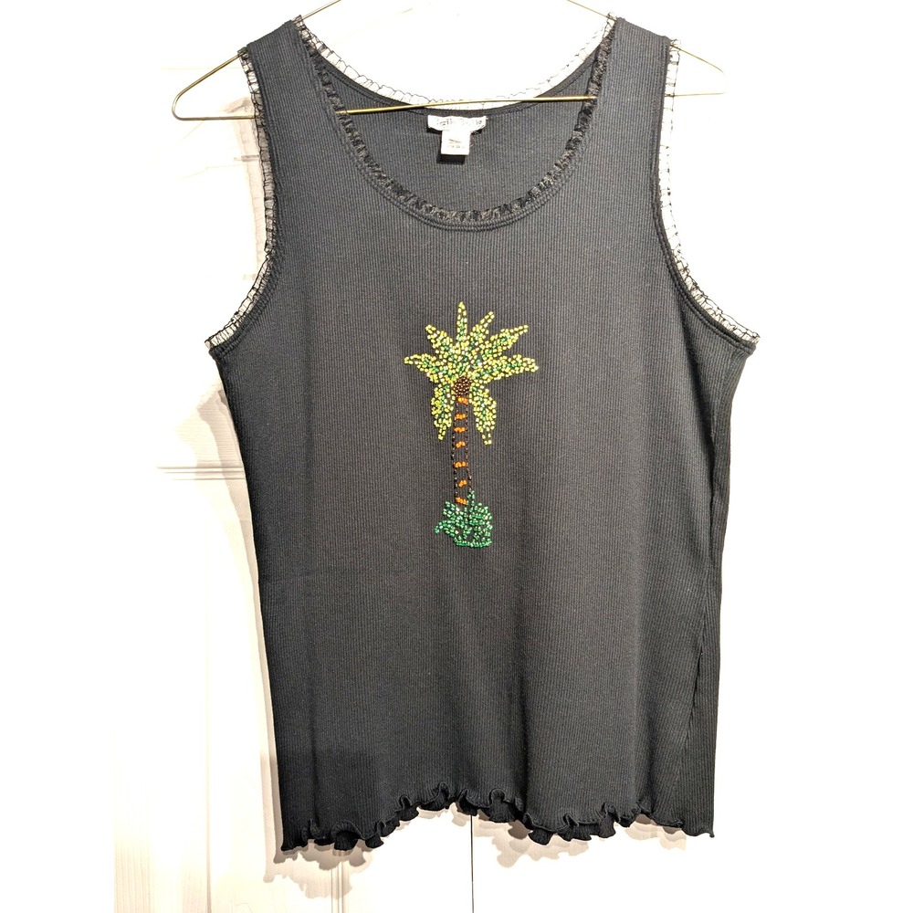 Baik Baik Tank Top Womens Large Black Palm Tree Beaded Sleeveless Shirt Hawaii
